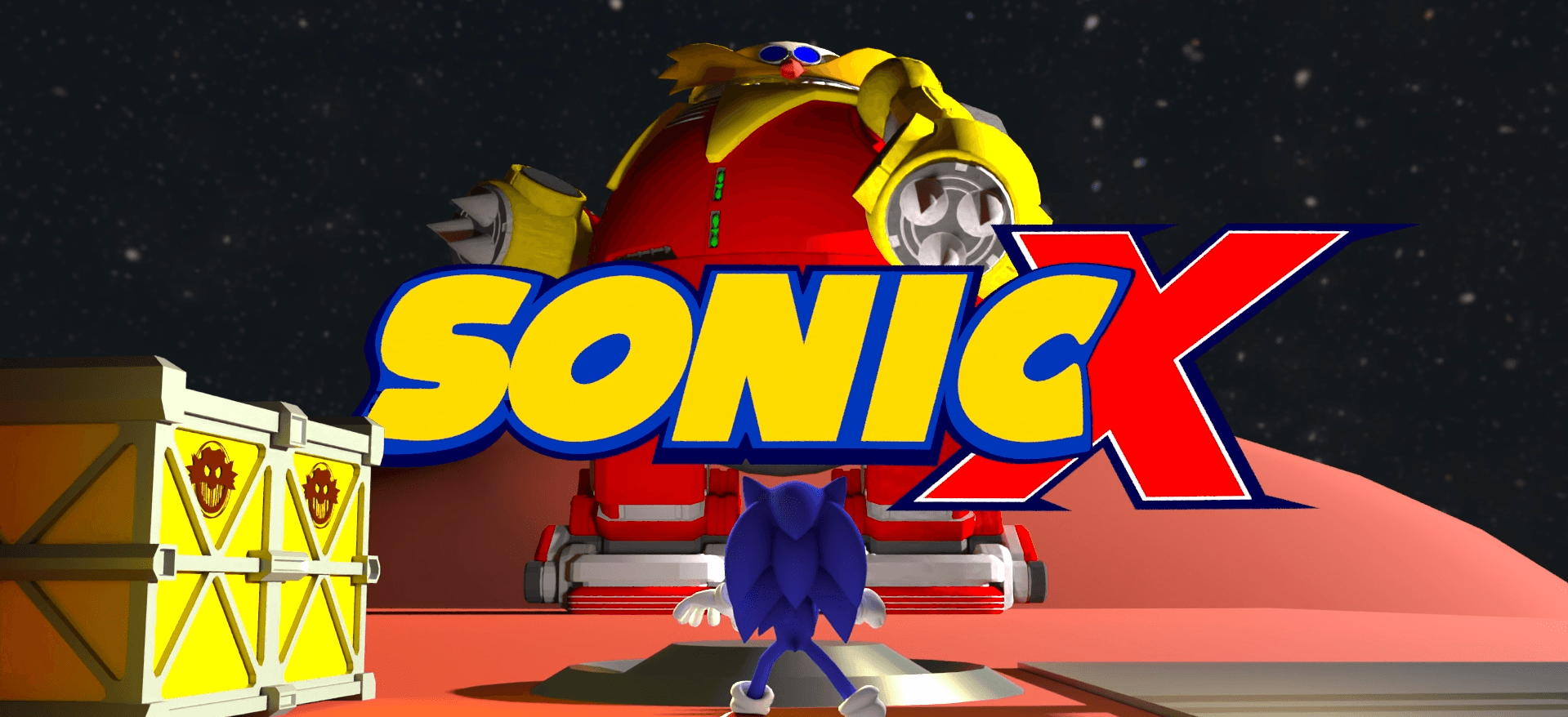 Sonic in the foreground of a spaceship scene, "Sonic X" title as the focus with the Death Egg Robot in the background pointing towards the camera.